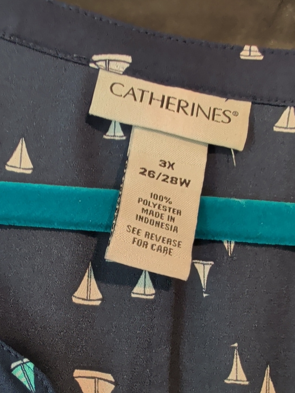 Catherines Navy Button-Front Blouse with White & Teal Sailboat Print - Picture 2 of 4